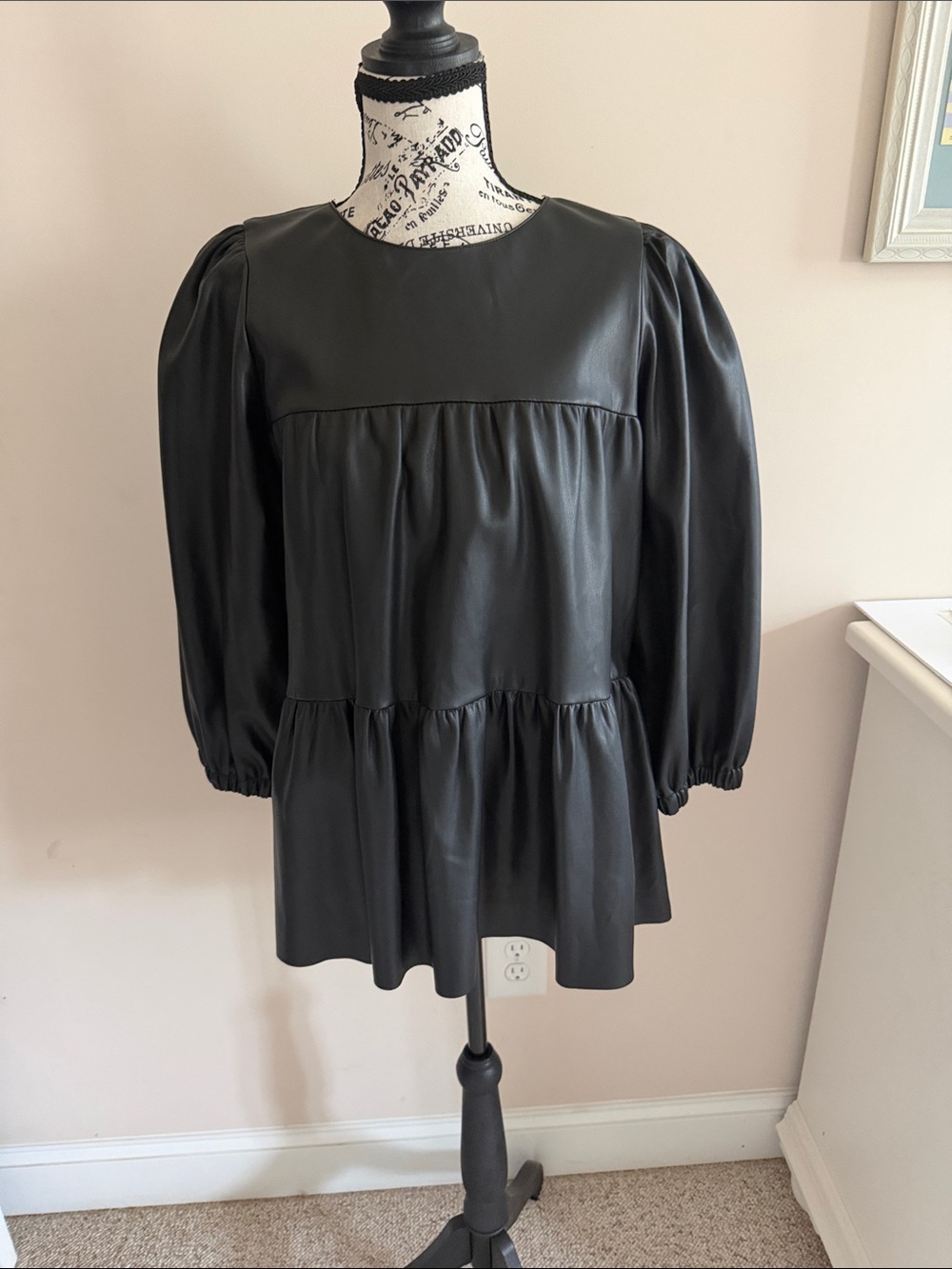Zara Black Faux Leather Tiered Smock Tunic with Puff Sleeves